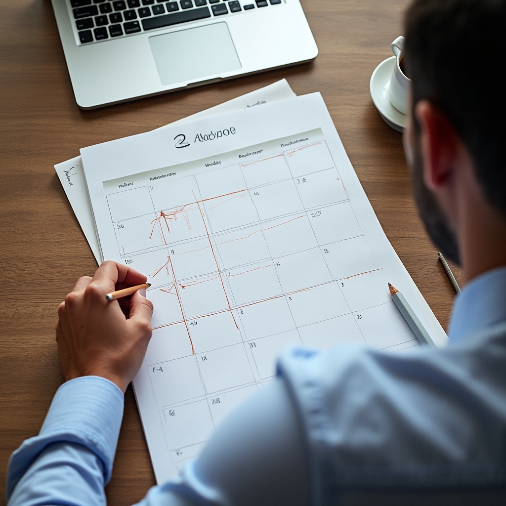 Schreibtisch mit aufgeschlagenem Wochenkalender während einer Priorisierungs-Übung
