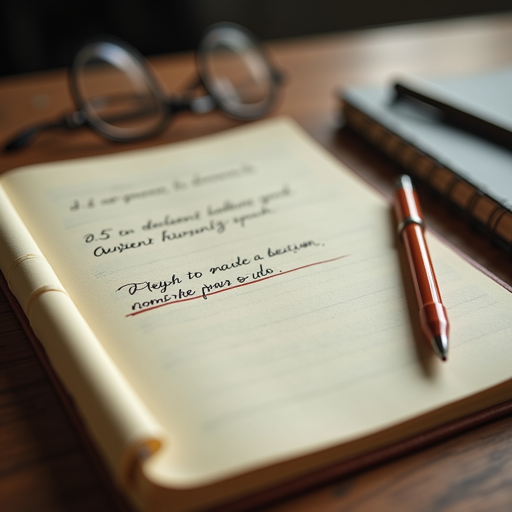 Nahaufnahme eines aufgeschlagenen Notizbuchs mit handschriftlich notierten Entscheidungen über Prioritäten
