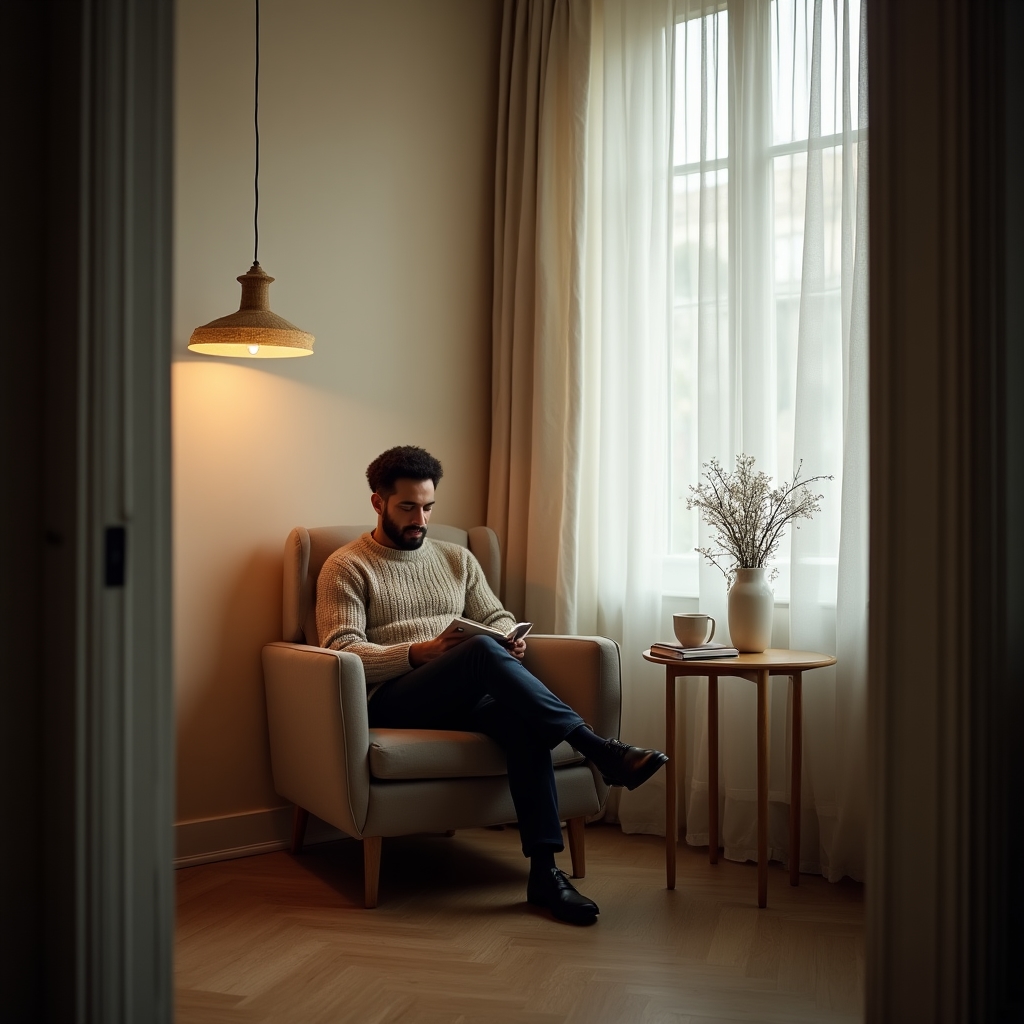Ruhiger Raum mit einer Person, die konzentriert an einem einzelnen Vorhaben arbeitet